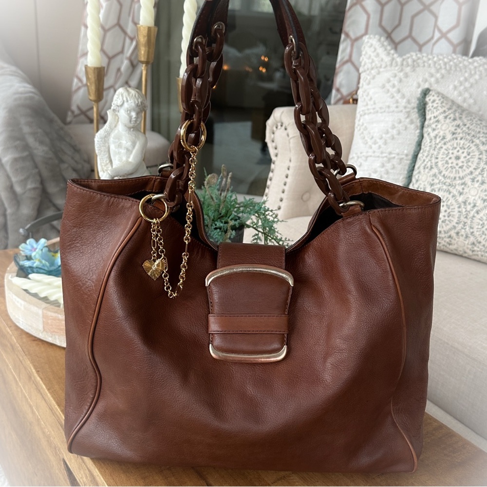 Vintage Banana Republic Jumbo Brown Leather Buckle & Chain Hobo Bag - Picture 14 of 15